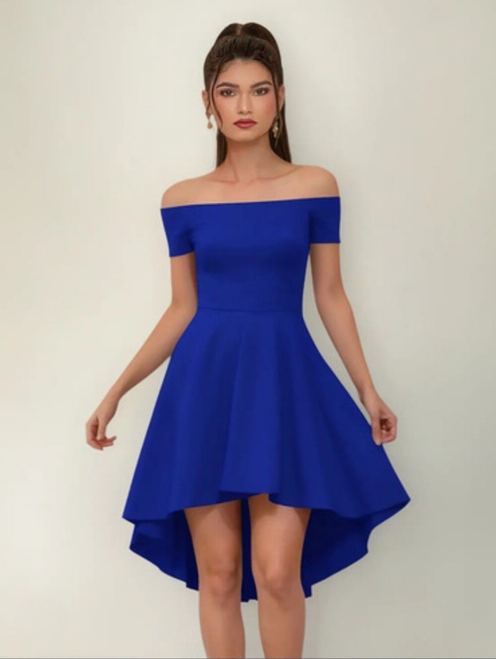 Off-Shoulder Royal Blue High-Low Skater Dress, Size S